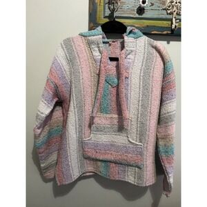 Pastel Striped Baja Hoodie Women Large Pink Purple Teal Woven Pullover